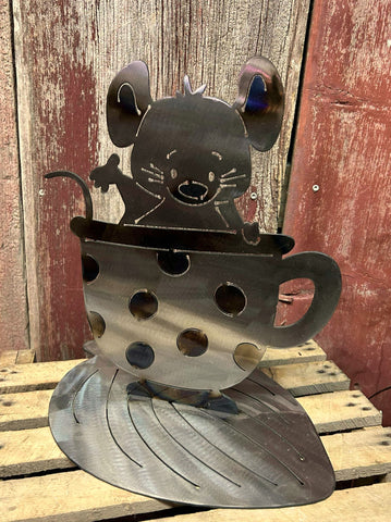 Metal Mouse in a Hosta Teacup Sculpture